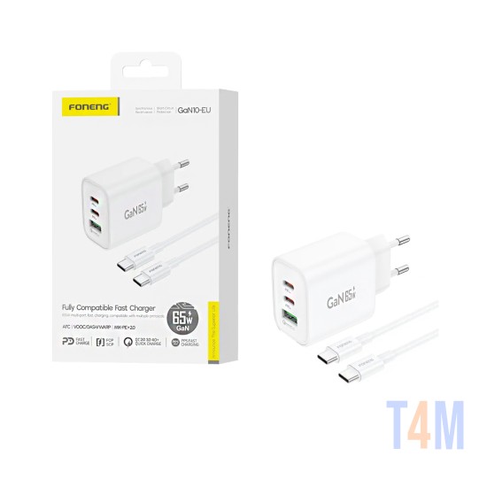 Foneng Charger GAN10 3 Ports USB+2 Type-C PD 65W GAN with Type-C to Type-C Cable White